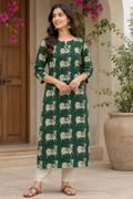 Green Kalamkari Straight Cut Cotton Kurti | Traditional Printed Long Kurti for Women