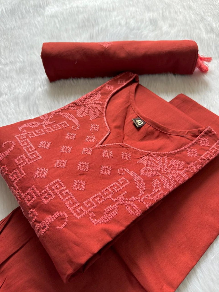 Women's Maroon Cotton Kurti Set with Pants & Dupatta | Embroidered Straight Kurta | Ethnic Wear
