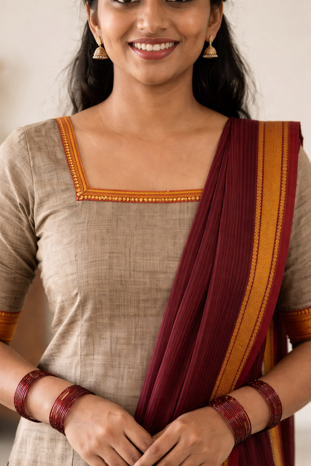 Grey and Maroon women's Mangalagiri Cotton Kurta Set