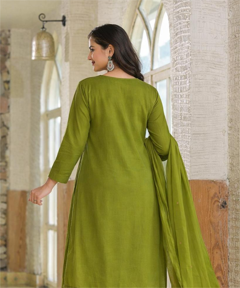 Elegant Olive Green Cotton Kurti Set with Dupatta