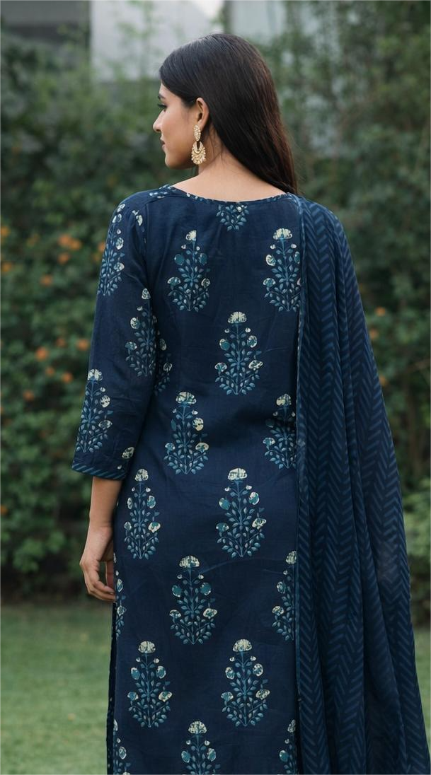 Elegant Blue Floral Printed Cotton Kurti Set with Pants & Dupatta