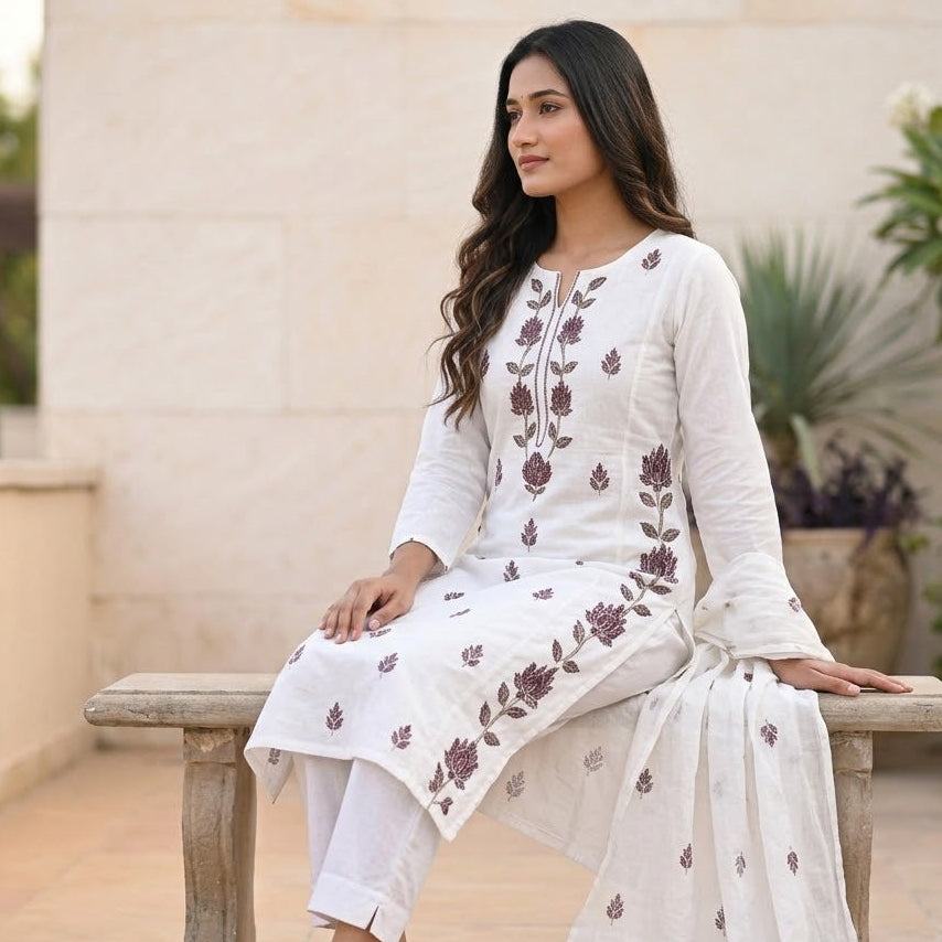 White Embroidered Kurta Pant Dupatta Set for Women | Premium Elegant Cotton Kurti Set
