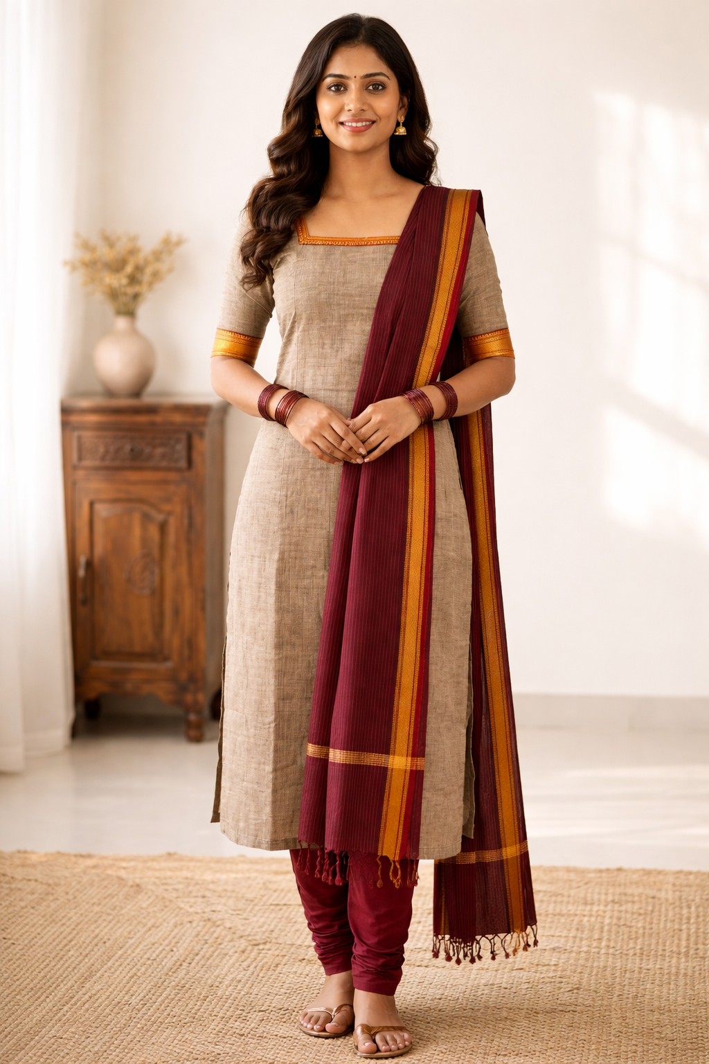 Grey and Maroon women's Mangalagiri Cotton Kurta Set