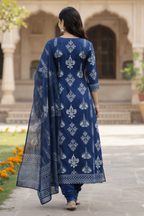 Blue cotton kurta set with dupatta