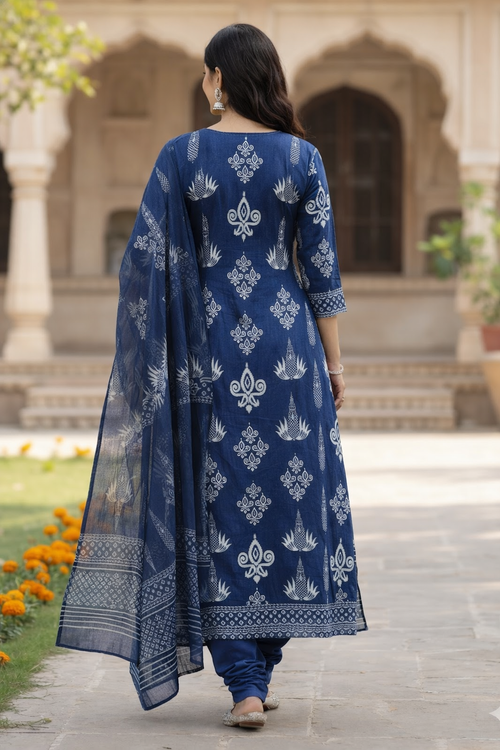 Blue cotton kurta set with dupatta