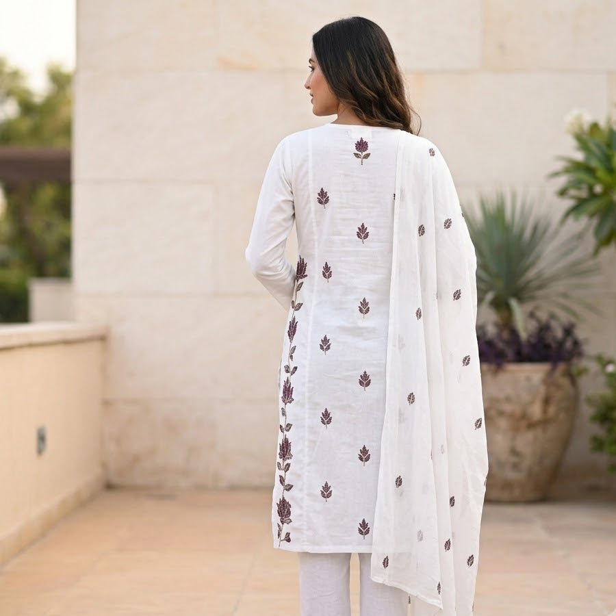 White Embroidered Kurta Pant Dupatta Set for Women | Premium Elegant Cotton Kurti Set