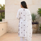 White Embroidered Kurta Pant Dupatta Set for Women | Premium Elegant Cotton Kurti Set