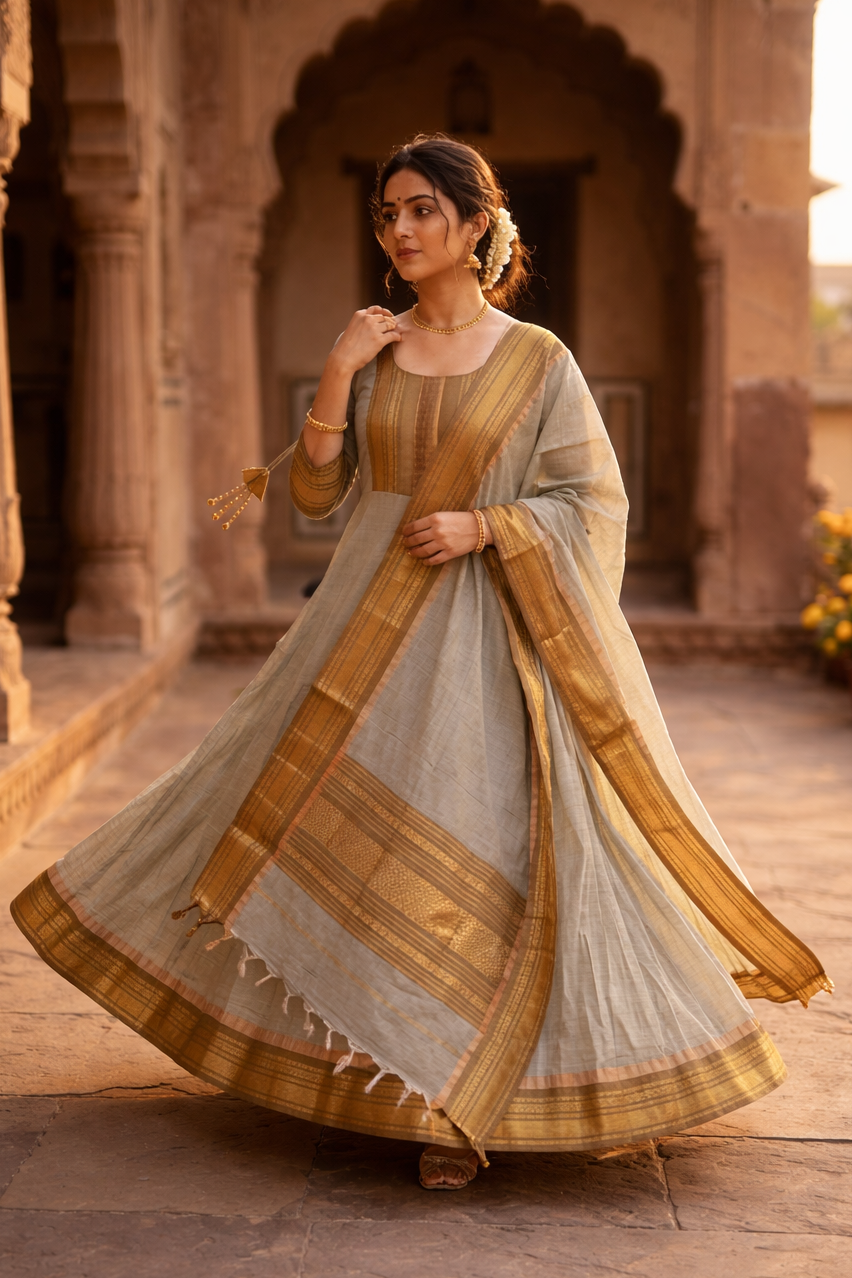 Handcrafted women Cotton Anarkali & Zari Shawl Set