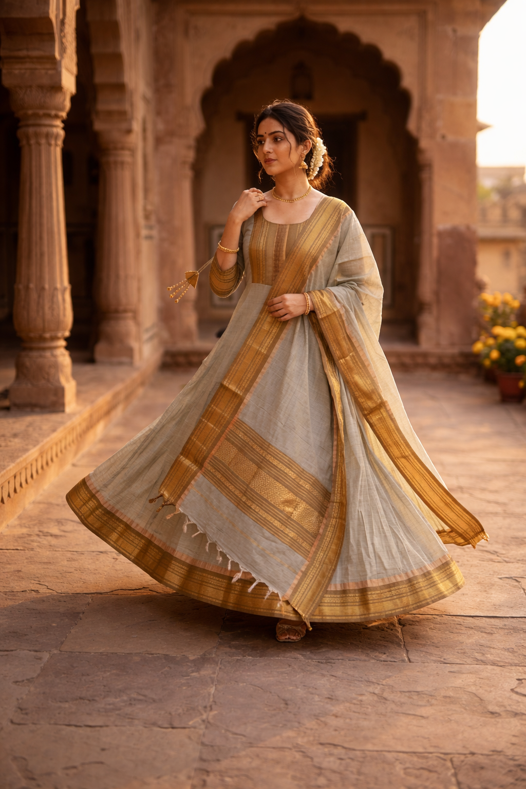Grey Cotton Anarkali Set with Zari Border & Matching Shawl