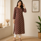 Green Kalamkari Straight Cut Cotton Kurti | Traditional Printed Long Kurti for Women