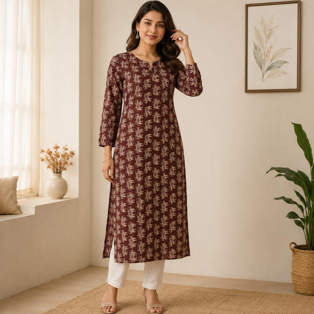 Green Kalamkari Straight Cut Cotton Kurti | Traditional Printed Long Kurti for Women