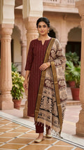 Maroon Cotton Kurti with Nizam Border Kalamkari Dupatta | Women's Ethnic Wear | Styleaura