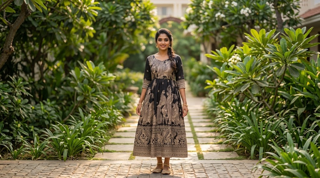 Black Kalamkari Anarkali Gown | Elegant Cotton Ethnic Wear Dress for Women