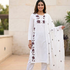 White Embroidered Kurta Pant Dupatta Set for Women | Premium Elegant Cotton Kurti Set