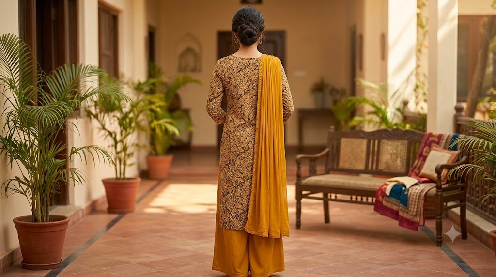 Mustard Kalamkari Cotton Kurti Set with Georgette Flared Pants & Dupatta for Women