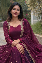 Elegant Wine Embellished Anarkali Gown with Dupatta