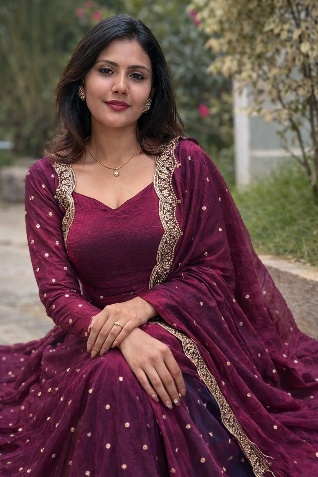 Elegant Wine Embellished Anarkali Gown with Dupatta