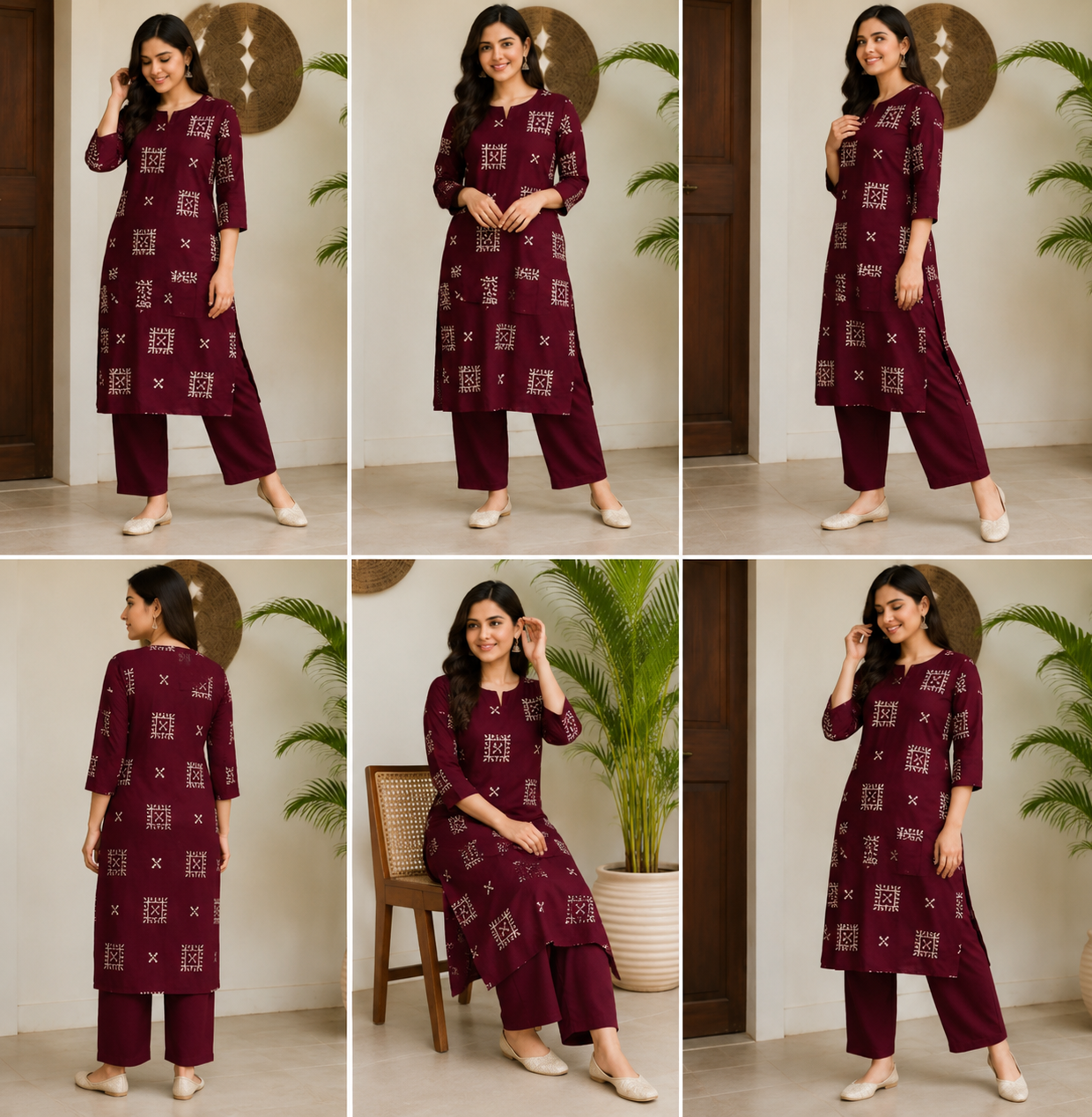 Women's Brown Cotton Printed Kurti Set with Pants | Casual Daily Wear Ethnic Co-ord Set