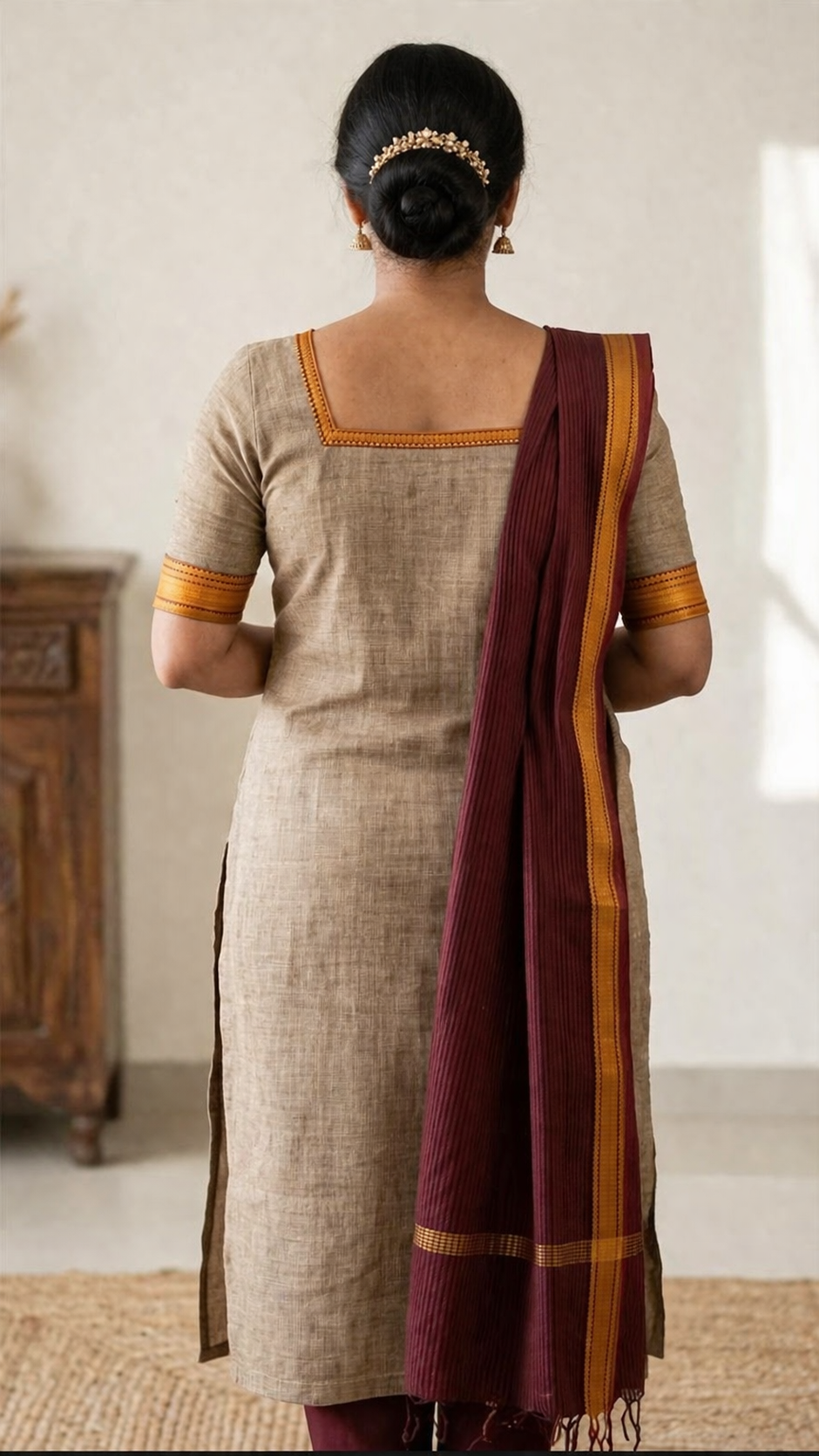 Grey and Maroon women's Mangalagiri Cotton Kurta Set