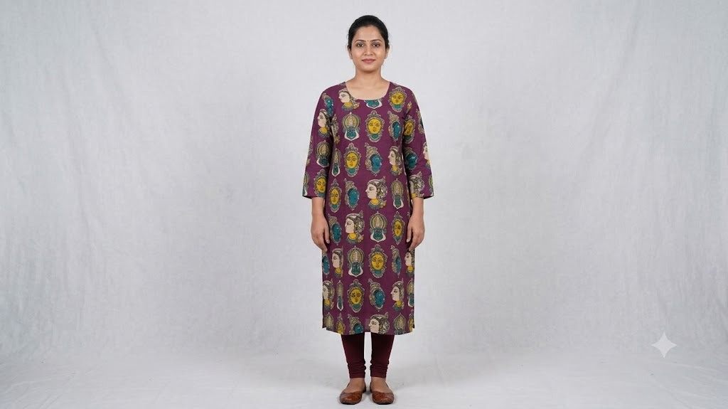 Green Kalamkari Straight Cut Cotton Kurti | Traditional Printed Long Kurti for Women
