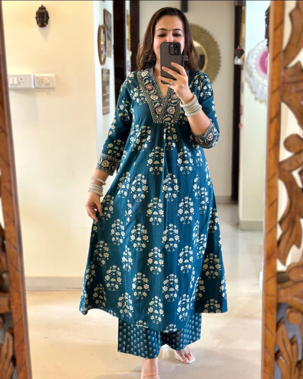 Cotton Printed Handwork Anarkali Set