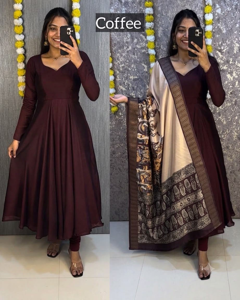Coffee Brown Anarkali Kurti Set with Printed Dupatta | Women's Ethnic Wear