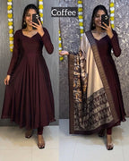 Coffee Brown Anarkali Kurti Set with Printed Dupatta | Women's Ethnic Wear