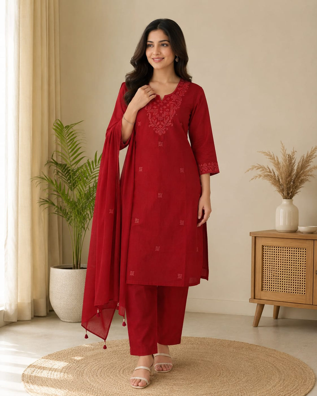 Women's Maroon Cotton Kurti Set with Pants & Dupatta | Embroidered Straight Kurta | Ethnic Wear