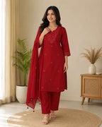 Women's Maroon Cotton Kurti Set with Pants & Dupatta | Embroidered Straight Kurta | Ethnic Wear