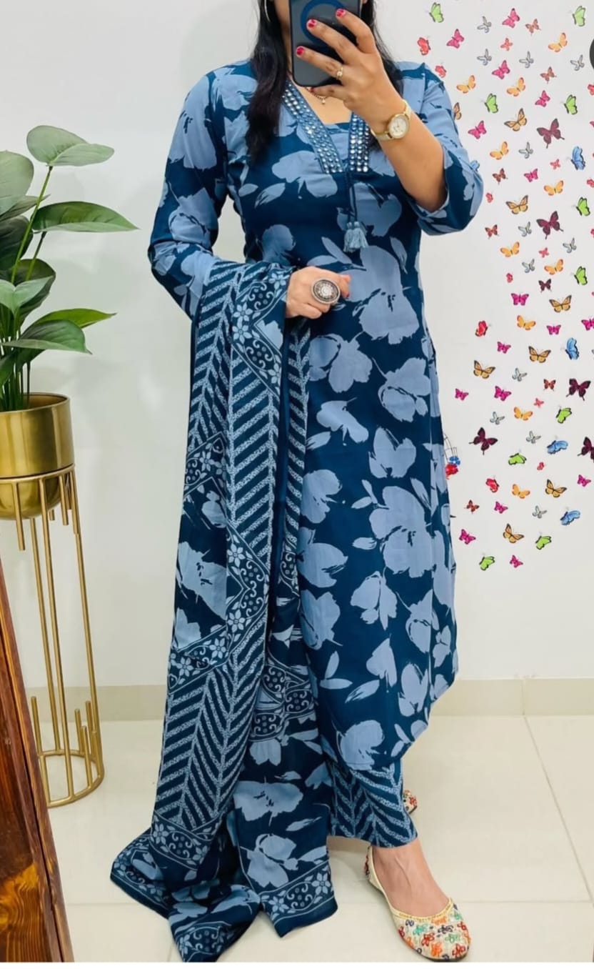 Blue cotton kurti set with pants and dupatta