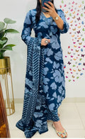 Blue cotton kurti set with pants and dupatta