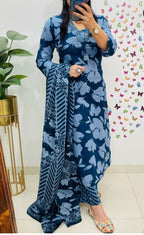 Blue cotton kurti set with pants and dupatta