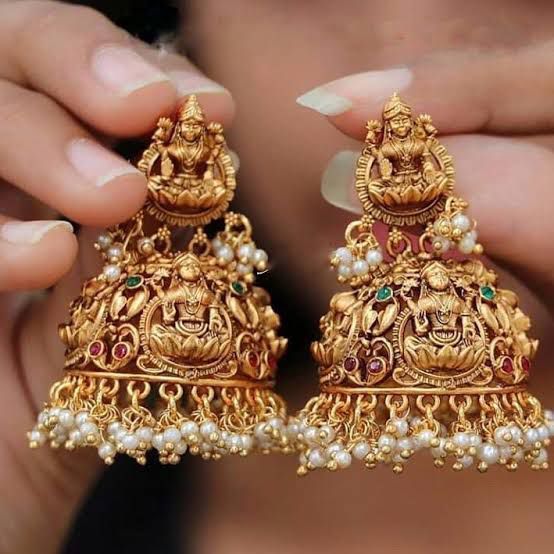 Antique Gold Lakshmi Temple Jhumka Earrings