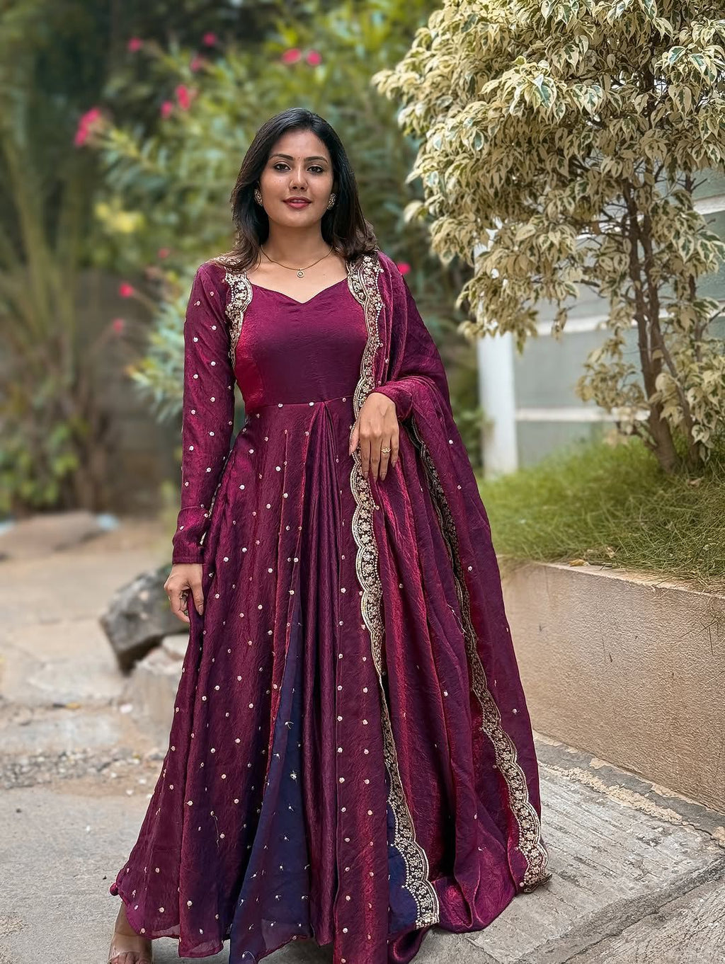 Elegant Wine Embellished Anarkali Gown with Dupatta