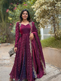 Elegant Wine Embellished Anarkali Gown with Dupatta