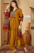 Mustard Printed Cotton Anarkali Kurta Set with Dupatta & Pants