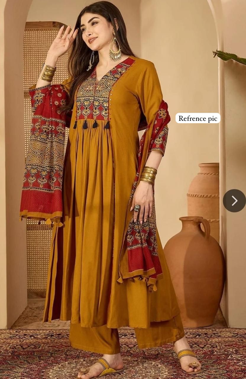 Mustard Printed Cotton Anarkali Kurta Set with Dupatta & Pants