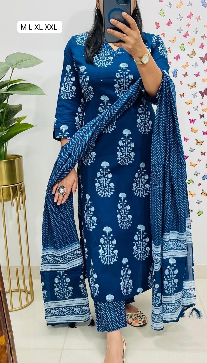 Elegant Blue Floral Printed Cotton Kurti Set with Pants & Dupatta
