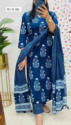 Elegant Blue Floral Printed Cotton Kurti Set with Pants & Dupatta