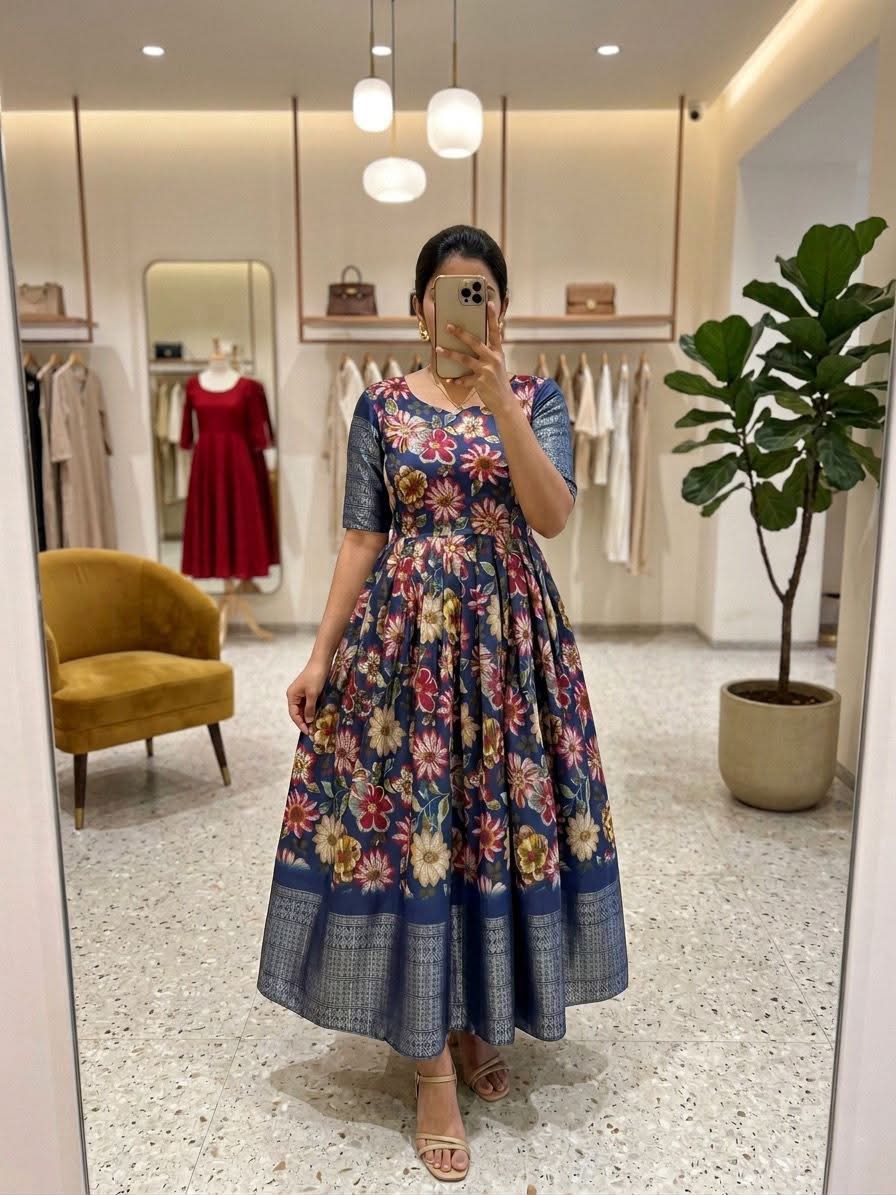 Women's Navy Blue Floral Cotton Anarkali Gown | Elegant Ethnic Wear