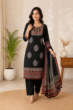 Women's Black Cotton Printed Kurti Set with Pants & Dupatta | Ethnic 3-Piece Suit Set