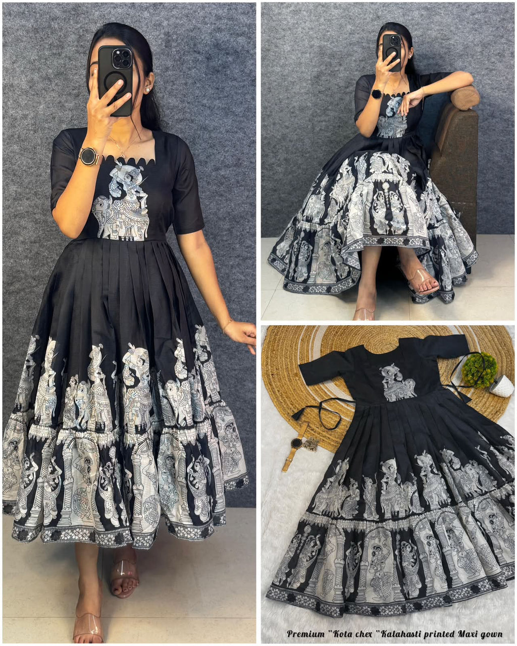 Black Kalamkari Cotton Maxi Gown for Women | Premium Kalamkari Printed Flared Dress