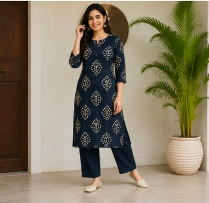 Women's Brown Cotton Printed Kurti Set with Pants | Casual Daily Wear Ethnic Co-ord Set