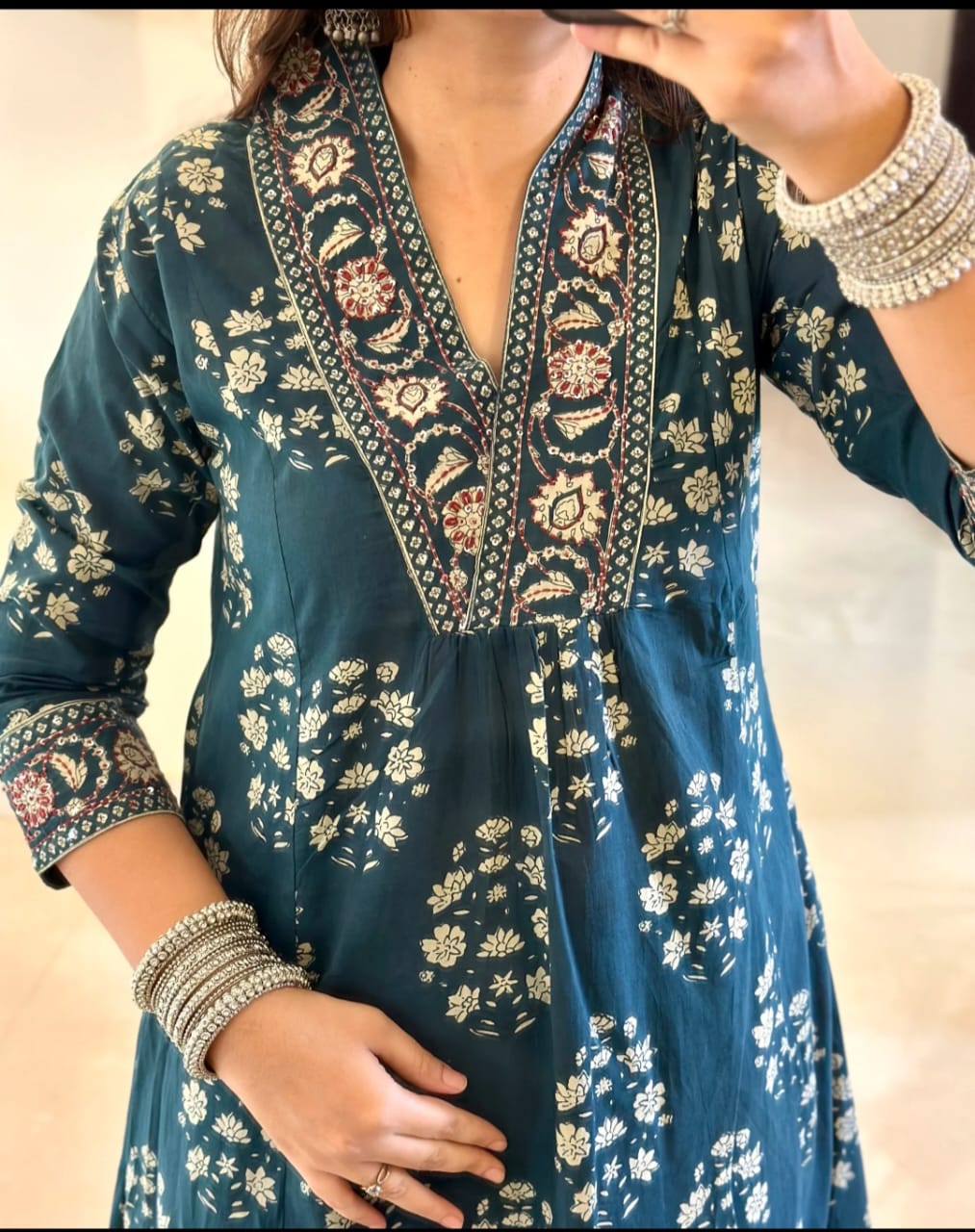 Cotton Printed Handwork Anarkali Set
