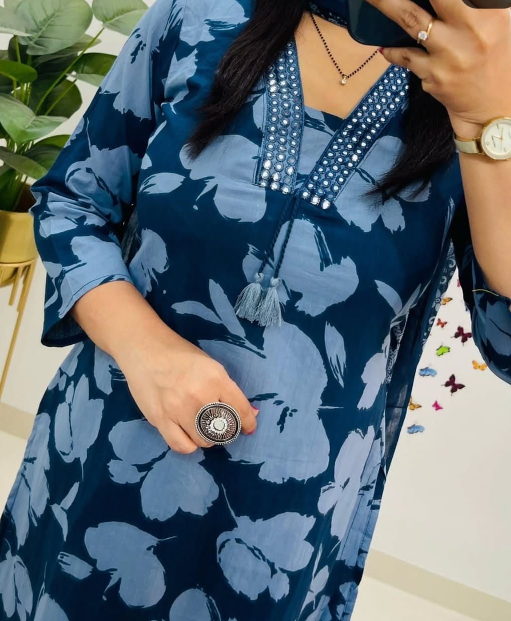 Blue cotton kurti set with pants and dupatta