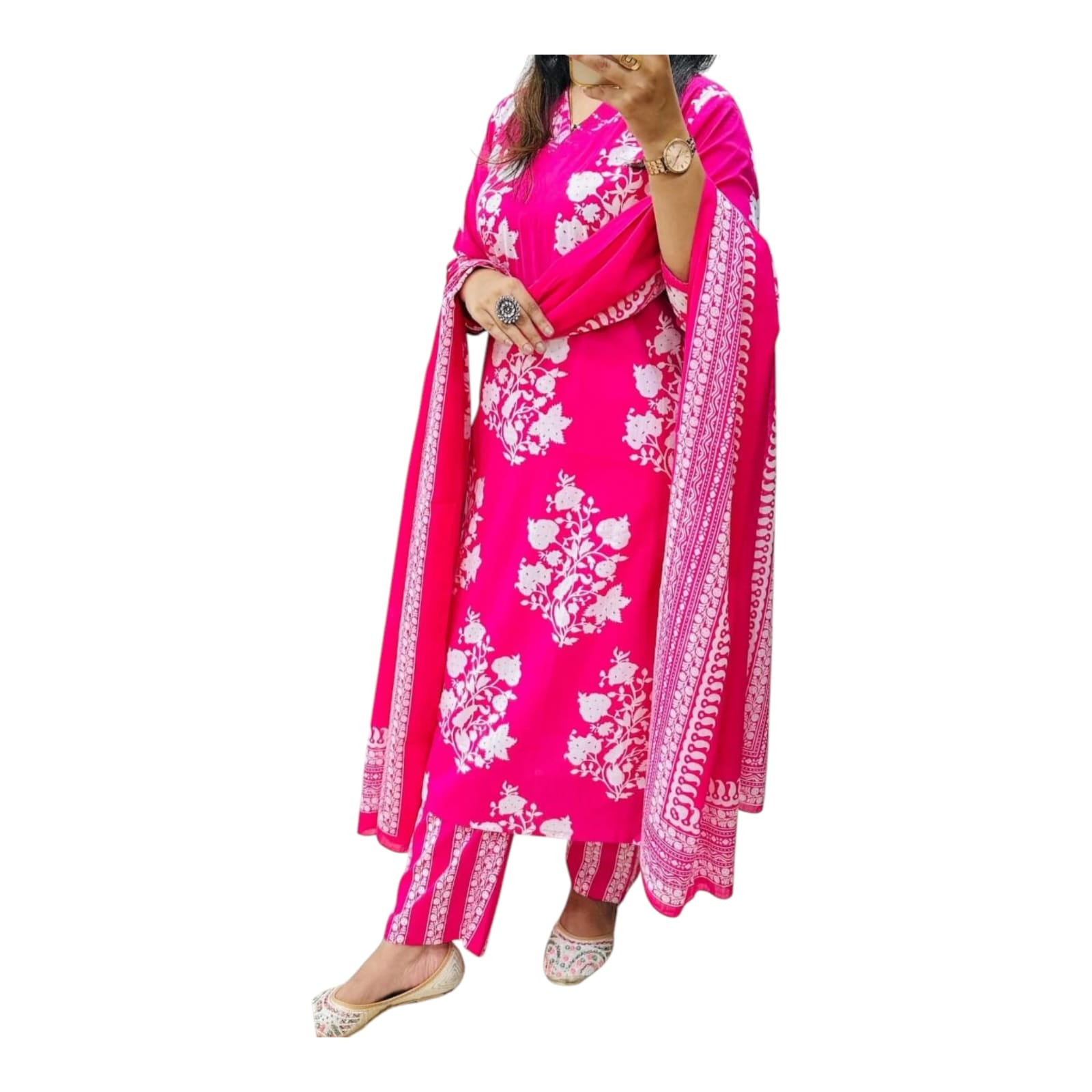 Pink cotton kurta set with dupatta
