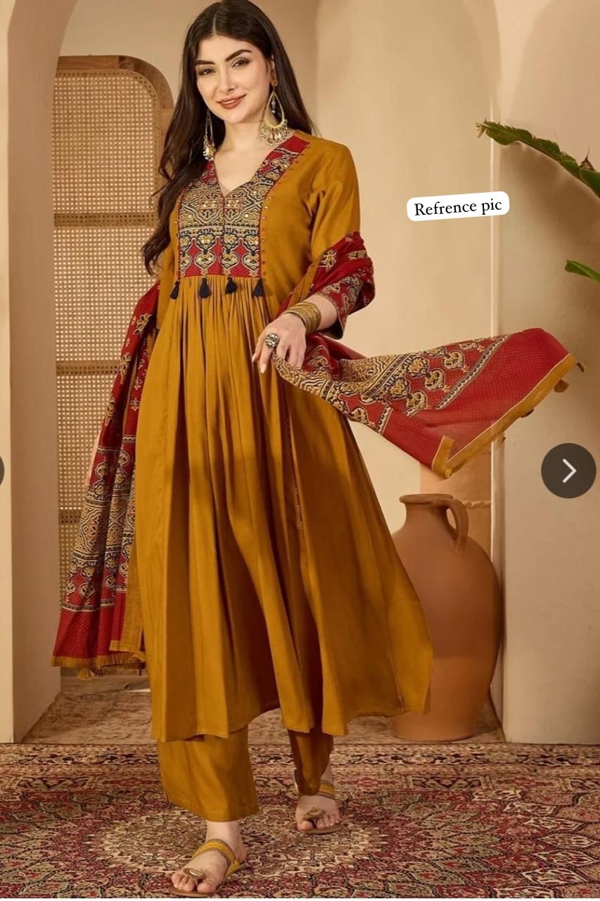 Mustard Printed Cotton Anarkali Kurta Set with Dupatta & Pants