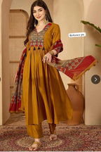 Mustard Printed Cotton Anarkali Kurta Set with Dupatta & Pants