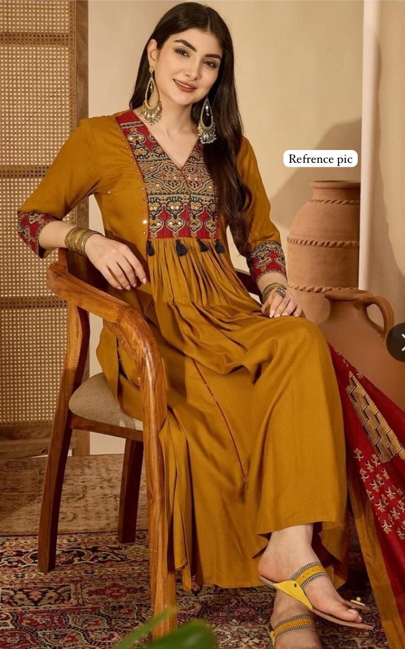Mustard Printed Cotton Anarkali Kurta Set with Dupatta & Pants