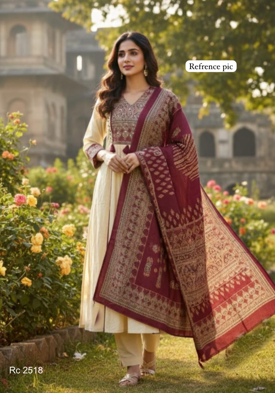 Mustard Printed Cotton Anarkali Kurta Set with Dupatta & Pants